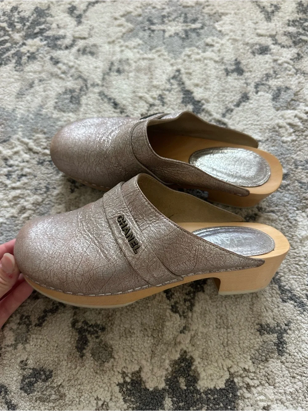 Chanel Metallic Silver Crack Leather Wooden Clogs Size 38